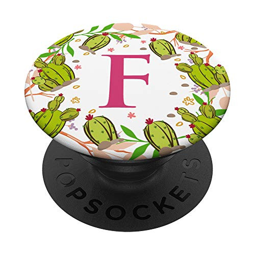 Letter F Green Cactus Flower Pattern Monogram PopSockets Grip and Stand for Phones and Tablets