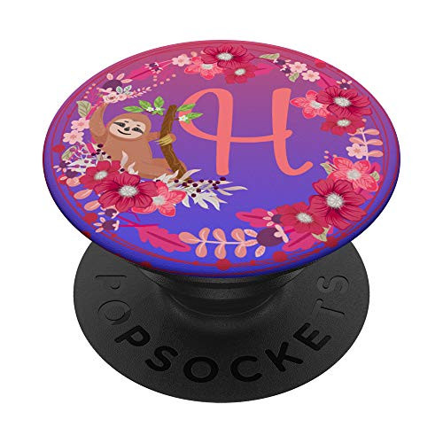 Cute Sloth With Flowers Letter H Initials Monogram PopSockets PopGrip Swappable Grip for Phones   Tablets
