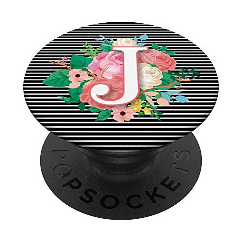 Black And White Striped Flowers Letter J Initials Monogram PopSockets Grip and Stand for Phones and Tablets