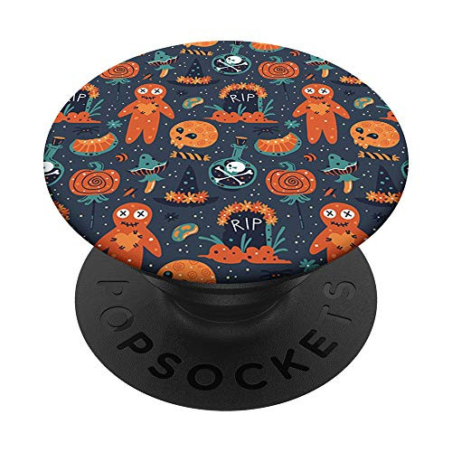Halloween Skeleton Head And Tombstone Design Black Phone PopSockets PopGrip Swappable Grip for Phones   Tablets