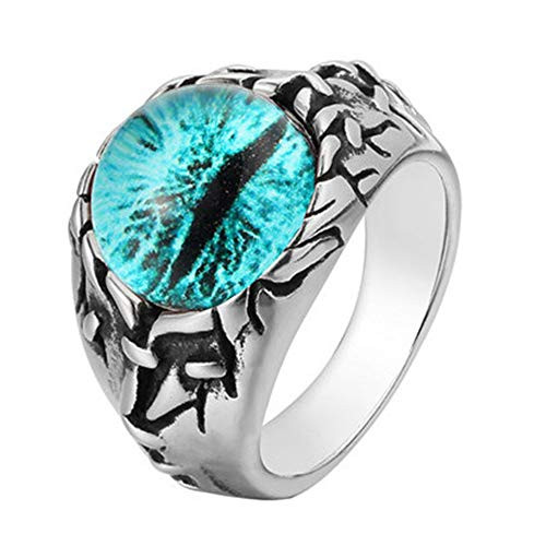 HIJONES Mens Stainless Steel Gothic Biker Dragon Eye Ring Green Gem Stone Vintage Size 7