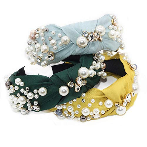 QTMY Pearl Rhinestone Headband for Women Hair Hoop Accessories Jewelry Head Band Headwear Green