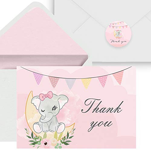 UV Emboss Matt Finish Baby Shower Thank You Cards for Girls_ 24 Pack Pink Watercolor Elephant Baby Girl Cards_ Girl Sprinkle Thank-You Note with Envelopes   Stickers_