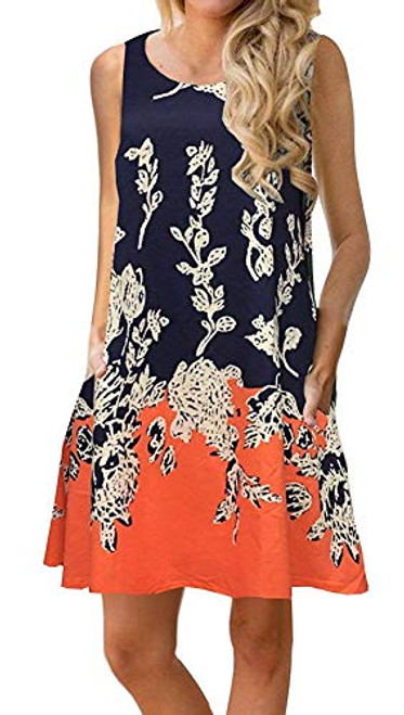 Casual Tshirt Dresses for Women Boho Sundress Floral Tank Sleeveless Swing Dress XL Orange