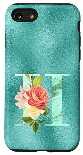 iPhone SE 2020  7  8 Teal floral Initial letter H monogram blush flowers Case