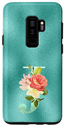 Galaxy S9 Teal floral Initial letter J monogram blush flowers Case