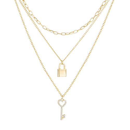 NUZON Lock Key Pendant Necklace Layered 14K Gold Plated Oval Link Chain Choker Dainty Jewelry for Women Girls