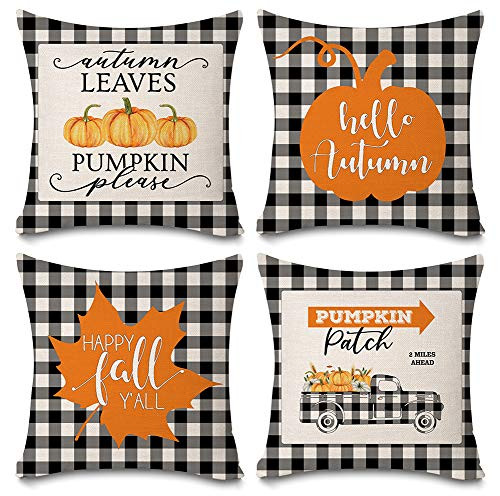 Kithomer Set of 4 Fall Buffalo Plaids Pumpkin Patch Throw Pillow Cases Autumn Farmhouse Decorative Thanksgiving Throw Pillow Covers Cotton Linen Cushion Cover 18x18 inch