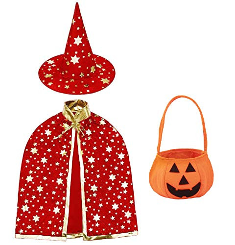 Halloween Costume Wizard Cape Witch Cloak with Hat with Stay Pattern and Pumpkin Pocket Childrens Role Play Party_ Red