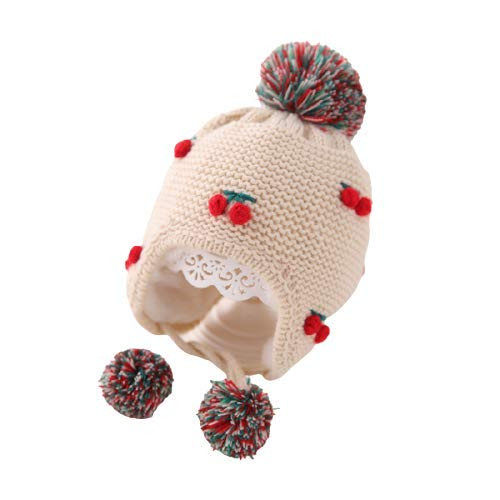 TSB Knit Winter Hat with Cherries and Pom Poms Cream