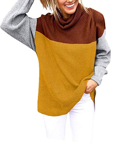 Tkria Womens Color Block High Neck Ribbed Knit Oversized Pullover Sweaters