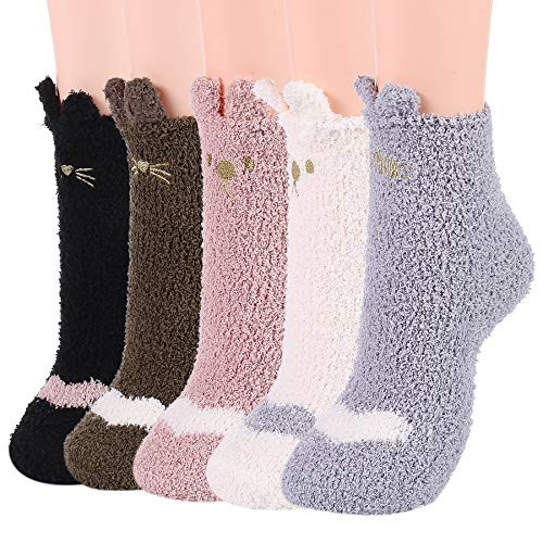 Zando Womens Fuzzy Socks Warm Cute Fuzzy Socks Indoor Slipper Socks Cozy Sleeping Socks Winter Fluffy Socks Super Soft Plush Socks Microfiber Sleep Socks for Girls 5 Pairs Mixed Animal One Size