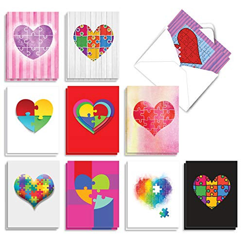 The Best Card Company - 20 Cute Kids Cards Boxed 4 x 5_12 Inch - Assorted Blank Set 10 Designs 2 Each - Jigsaw Hearts AM3181OCB-B2x10