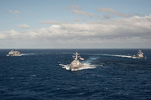 USNS Rainier and guided missile destroyers USS Stockdale and USS William P Lawrence Poster Print by Stocktrek Images 17 x 11