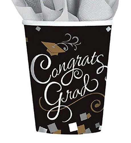 Amscan Sophisticated Grad Graduation Party Paper Cups Tableware, 9 Ounces, Pack of 18