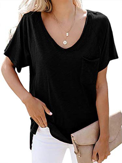 Womens Short Sleeve T Shirt Basic Tee Tops V Neck Loose Summer Shirts with Pocket Side Split Black Womens Short Sleeve T Shirt Basic Tee Tops V Neck Loose Summer Shirts with Pocket Side Split Black