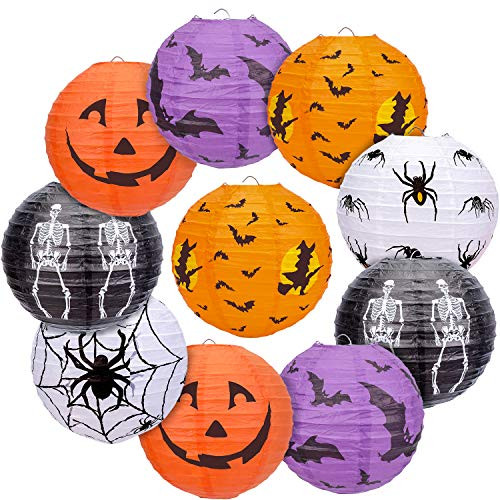 Konsait 10pcs Halloween Paper Lanterns Halloween Pumpkin Hanging Paper Lantern Jack-o-Lantern Pumpkin Spider Bat Skeleton Lantern for Home Outdoor Yard Halloween Party Decor Favor Supplies