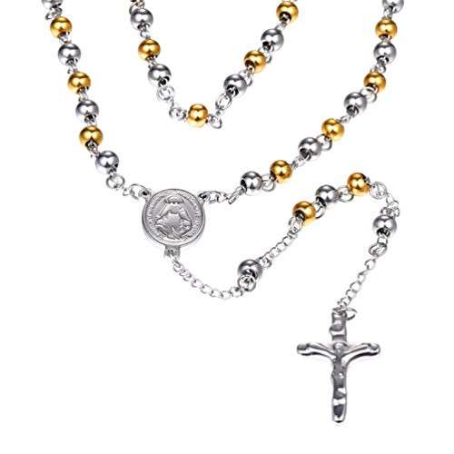 U7 Catholic Gift Stainless Steel Gold Plated Miraculous Medal Crucifix Rosary Bead Y Necklace for Men and Women