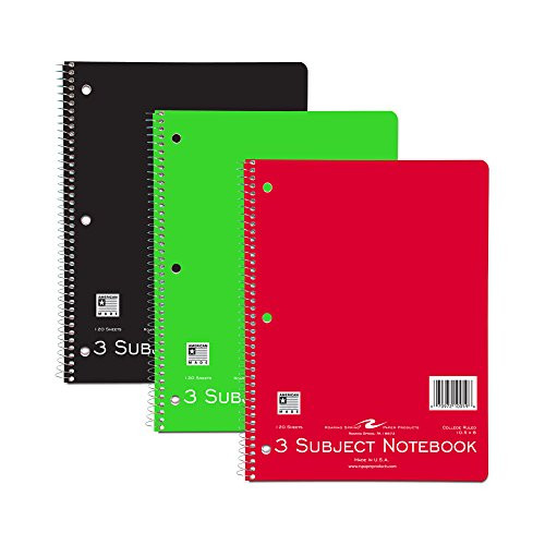 Roaring Spring Wirebound Notebook, Three Subject, 10.5" x 8", 120 sheets, College Ruled, Assorted Color Covers, 3/pack, sold by the pack
