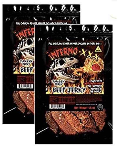 INFERNO -XXX Carolina Reaper Beef Jerky - JURASSIC JERKYS Hot Beef Jerky Made with the HOTTEST PEPPER in the WORLD Seasoned with a special blend of Real Carolina Reaper Peppers Sweet with Heat High in Protein MSG-free no preservatives meat snac