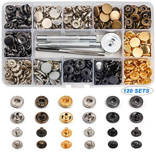 120 Sets Snap Fasteners Kit, Coolrunner Metal Snap Buttons Press Studs with 4 Pieces Fixing Tools, 6 Color Clothing Snaps Kit for Leather, Jacket, Jeans Wear, Bracelet, Bags 120 Sets Snap Fasteners Kit, Coolrunner Metal Snap Buttons Press Studs with 4 Pieces Fixing Tools, 6 Color Clothing Snaps Kit for Leather, Jacket, Jeans Wear, Bracelet, Bags