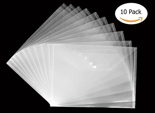 Waterproof & Tear Resistant Document Folders Premium Clear Plastic A4 Envelope Folder with Snap Button Closure - 10 Pack