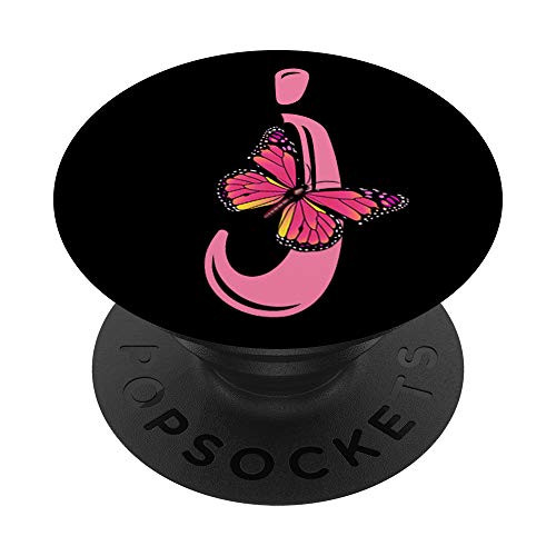 Pink Letter J Initial Butterfly Design Personalized Monogram PopSockets Grip and Stand for Phones and Tablets