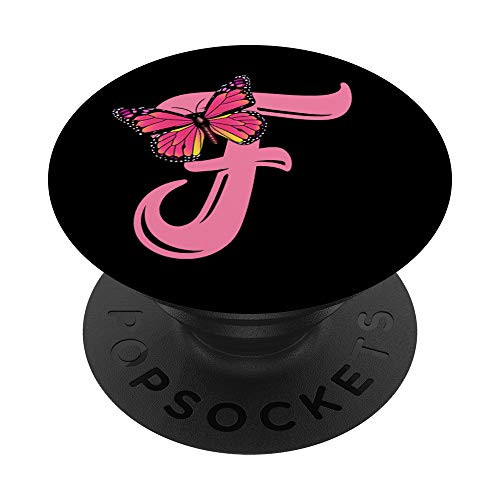Pink Letter F Initial Butterfly Design Personalized Monogram PopSockets Grip and Stand for Phones and Tablets