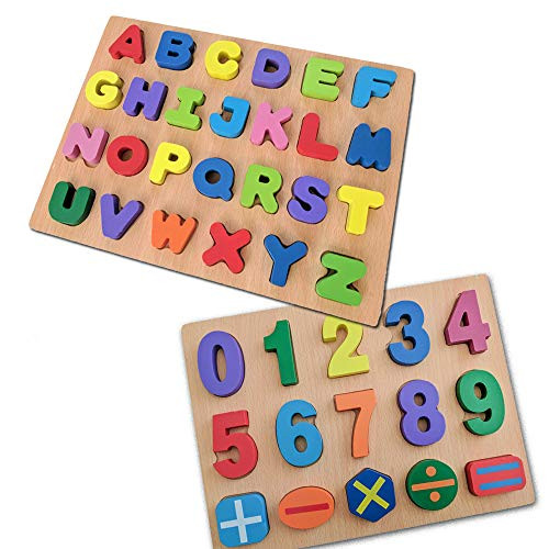 ABC and 123 Wooden Puzzle Boards Pack of 2  Letters Numbers and Shapes for KPreschool Kids  by Red Apple Early Learning Toys