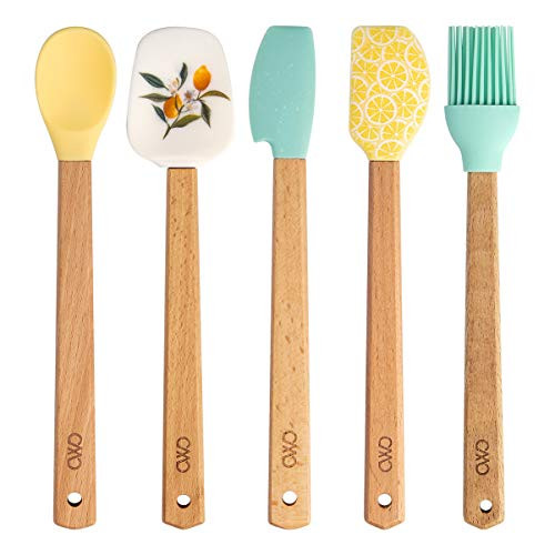 Cook With Color Set of Five MINI Kitchen Utensil Set - Silicone Kitchen Tools with Wooden Handles Brush Spoonula Spatula Spoon Scraper Lemon Collection