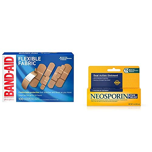 Band-Aid Brand Flexible Fabric Adhesive Bandages for Wound Care First Aid 100 ct with Neosporin Maximum-Strength Pain Relief Dual Action Antibiotic Ointment 1 oz Band-Aid Brand Flexible Fabric Adhesive Bandages for Wound Care First Aid 100 ct with Neosporin Maximum-Strength Pain Relief Dual Action Antibiotic Ointment 1 oz