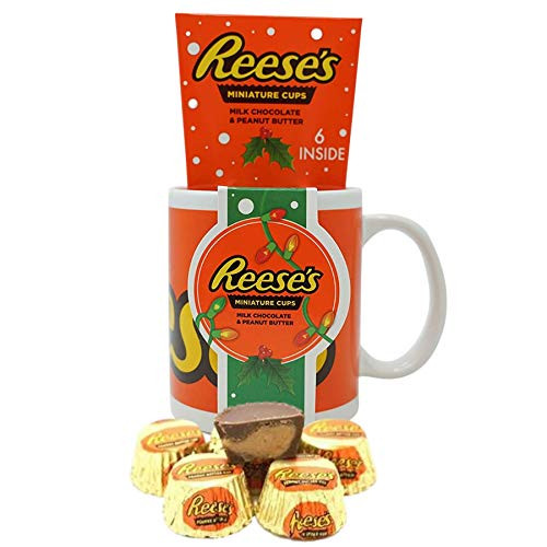Reeses Christmas Mug Gift Set with Reeses Peanut Butter Cups Inside Holiday Coffee Cup 6 Ounces