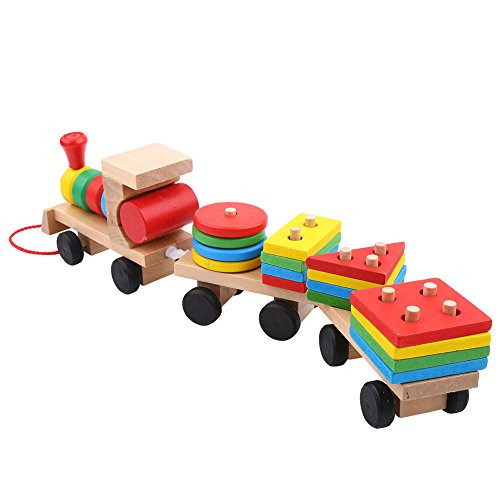 Hztyyier Stacking Train Wooden Toddler Toy Blocks Train Baby Kids Early Developmental Toys Assemble Educational Toy