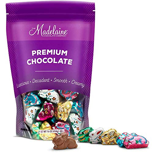 Madelaine Highly Detailed Bite-sized Solid Premium Milk Chocolate Easter Sitting Bunnies Wrapped In Colorful Italian Foils 1 LB