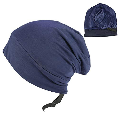 Hair Cover Bonnet Satin Sleep Cap - Stay on Silk Lined Slouchy Beanie for Night Sleeping Surgical Hats for Nursing-Navy Blue