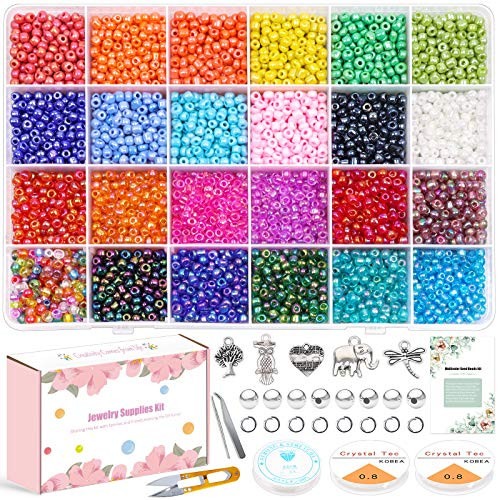 6000PCS 4mm 60 Glass Seed Beads kit Gacuyi 24Colors Small Rainbow Pony Glass Beads Bulk with Jewelry Making Findings and Tools for Adult DIY Jewelry Making Bracelets Necklaces and Earrings