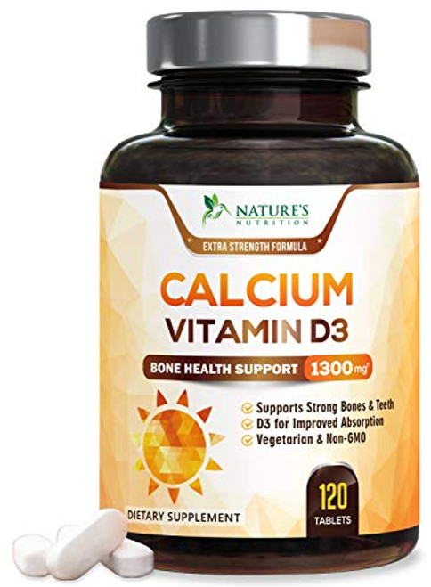 Calcium Supplement with Vitamin D3 - High Potency Calcium Carbonate 1300mg - Made in USA - Calcium to Support Bone Health and Help Strong Bones for Women and Men - Non-GMO - 120 Tablets