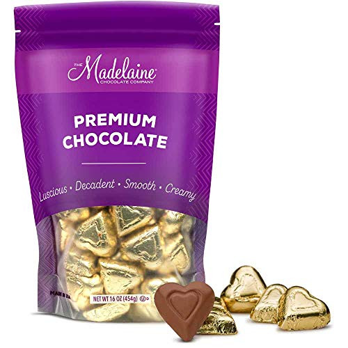 Madelaine Premium Chocolate Heart Shaped Candy - Solid Milk Chocolate Wrapped In Italian Foil Gold 1 LB Madelaine Premium Chocolate Heart Shaped Candy - Solid Milk Chocolate Wrapped In Italian Foil Gold 1 LB