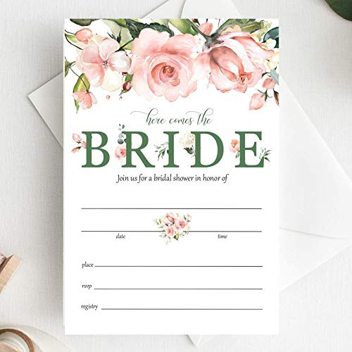 Set of 25 Pink Floral Watercolor Bridal Shower Invitations with Envelopes  Fill-in Style Invites with Envelopes