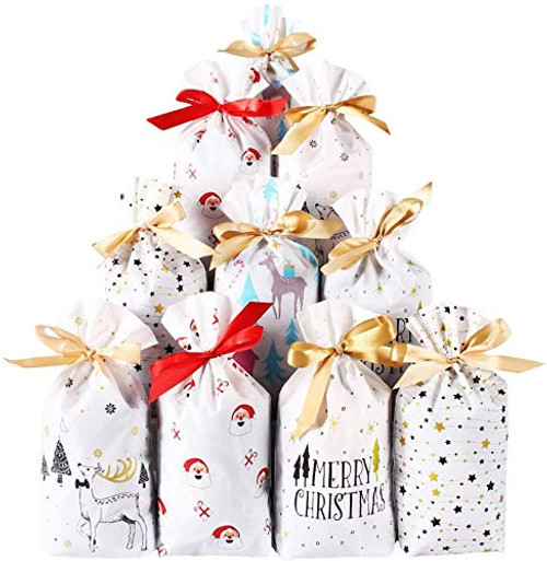 50 Pcs Christmas Candy Bags Christmas Treat Bags Candy Goodies Plastic Drawstring Gift Bags Merry Christmas Treat Bags Snack Wrapping Wedding Gift Party Favor Merry X-mas