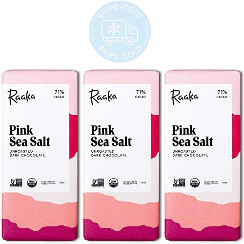 Raaka Chocolate Pink Sea Salt Dark Chocolate 71 cacao 1_8oz Bar - 3 Pack Organic Chocolate Non-GMO Kosher Premium Craft Chocolate Vegan Gluten and Soy Free Bittersweet Bean-to-Bar Dark Chocolate