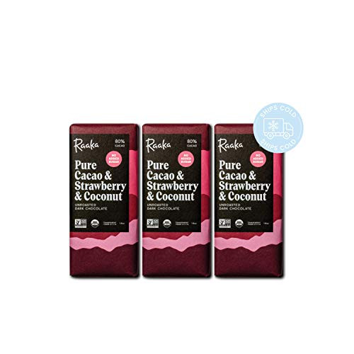 Raaka Chocolate Pure Cacao   Strawberry   Coconut No Added Sugar  Gourmet Bean-to-Bar Dark Chocolate  80 Cacao  Organic Kosher Vegan Gluten-Free  Chocolate Lovers Gift  1_8oz Bars 3-Pack