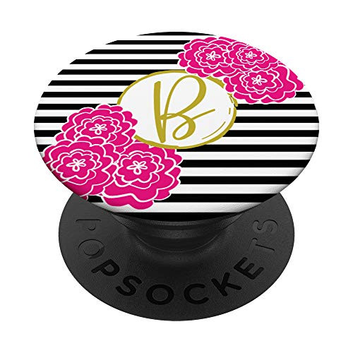 Monogram Initial B - Pink Flowers Black and White Stripes PopSockets Grip and Stand for Phones and Tablets