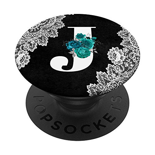 Cute Monogram Letter J Initial - Blue Turquoise Floral Lace PopSockets Grip and Stand for Phones and Tablets