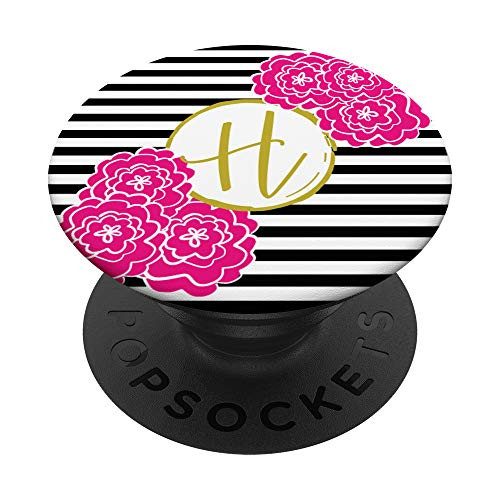 Monogram Initial H - Pink Flowers Black and White Stripes PopSockets Grip and Stand for Phones and Tablets