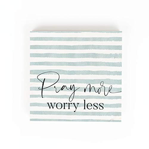 P_ Graham Dunn Pray More Worry Less Blue Stripe 5_38 x 5_38 Pine Wood Word Block Plaque