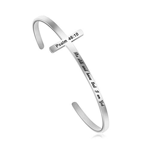 MEMGIFT Be Still and Know That I am God Bible Verse Cross Bracelet Stainless Steel Cuff Bangle Inspirational for Women