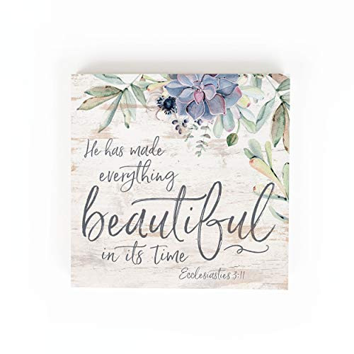 P_ Graham Dunn Everything Beautiful Floral White 5 x 5 Pine Wood Decorative Small Tabletop Sign