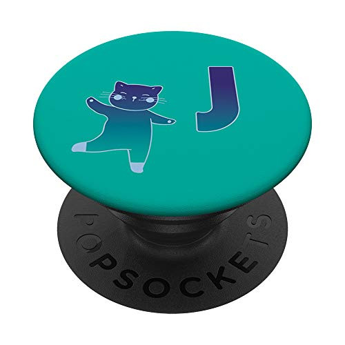 Teal Blue Green Turquoise Mint Cat Monogram Initial Letter J PopSockets Grip and Stand for Phones and Tablets
