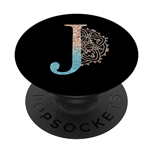 Teal Blue Mandala with Letter J Monogram Initial on Black PopSockets Grip and Stand for Phones and Tablets